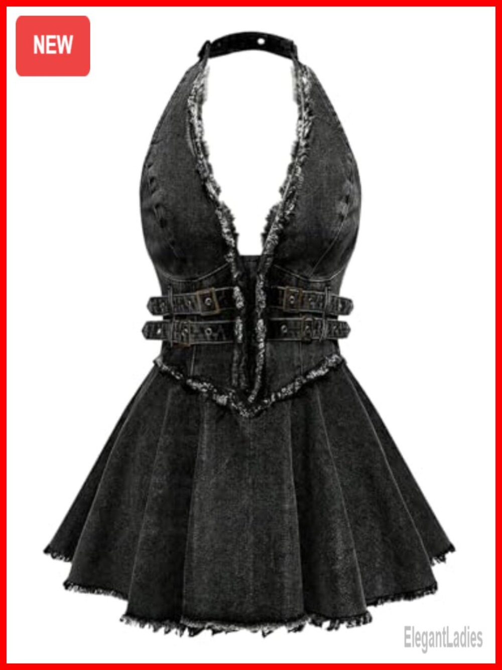 SweatyRocks Punk Y2K Halter Denim Mini Dress Backless Plunge Ruffle Jean